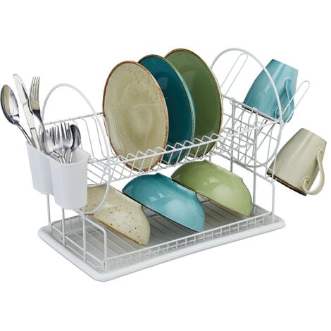 Relaxdays Dish Drainer, 2 Tiers, Drying Rack for Plates, Mugs, Bowls, HWD:  33.5 x 51 x 23.5 cm, Crockery Holder, White