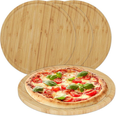 Relaxdays Set of 4 Pizza Boards Natural Bamboo O 32 cm Serving Plate Round Platter Cheese Charcuterie Natural