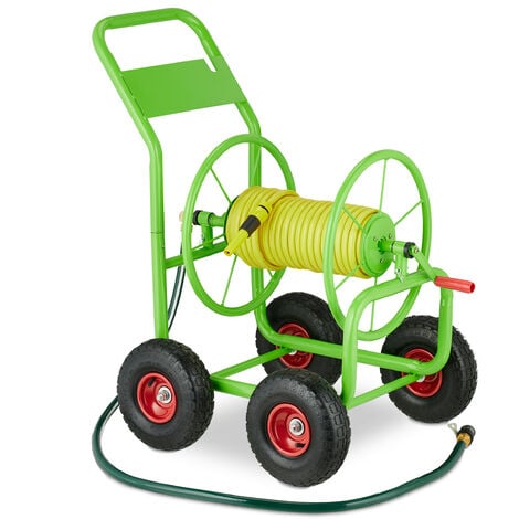 Relaxdays hose carriage, 3/4 connection, up to 80 m garden hose, 2  pneumatic tyres, garden hose reel metal, hose holder, brown : :  Garden