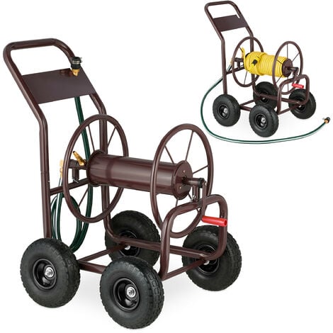 Relaxdays Hose Cart, Tap Connector, Trolley For Hosepipe Up To 80 M, Black Pneumatic Tyres, Reel On Wheels, Metal, Brown