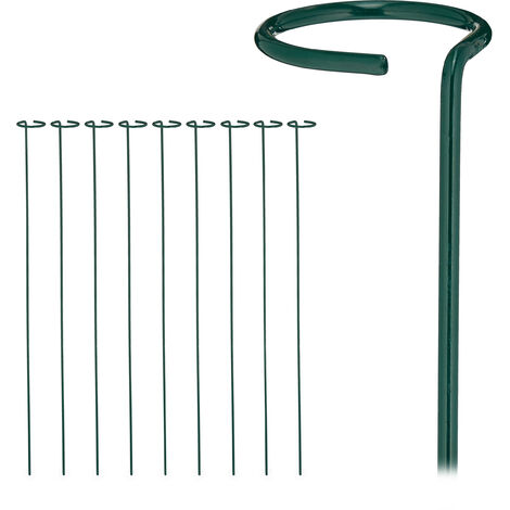 Relaxdays 10x Plant Supports, Metal Climbing Sticks with Ring, Home & Garden, Flower Climbing Aid, 80cm Long, Dark Green