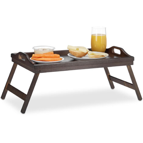 Relaxdays Set of 2 Bamboo Bed Trays, Folding, Handles, Raised Edge, For Breakfast in Bed, HWD: 22x61.5x30cm, Dark Brown