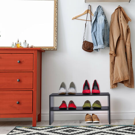 Relaxdays Shoe Rack, Organiser with 2 Levels, Stores 4 Pairs of Shoes, HxWxD: 29.5 x 60 x 29.5, Stackable, Black