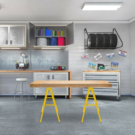 Relaxdays Set of 2 Sawhorses, Folding, 100 kg, HWD: 74 x 78 x 40 cm, Multipurpose Workbench, Wallpapering, Metal, Yellow