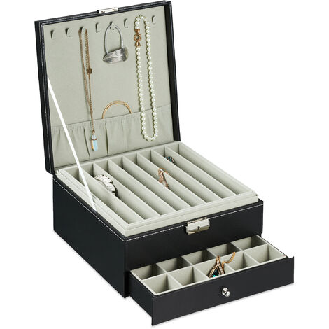 Relaxdays Jewellery Box, Faux Leather, Ring Organiser, Necklace Holder,  Tray Insert & Drawer, HWD 13 x 26 x 26 cm, Black