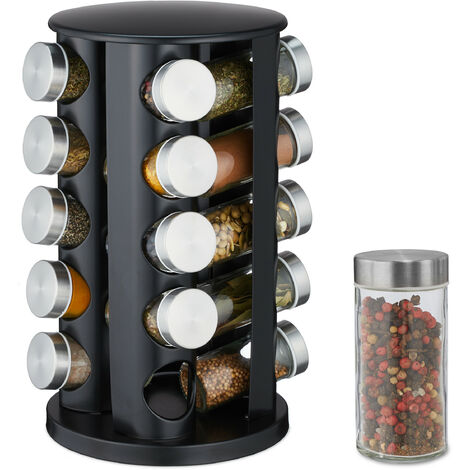 Spice Rack with 20 Jars, Rotating Spice Rack Organizer, Seasoning Organizer  with Labels, Stainless Steel Spice Carousel for Kitchen Countertop, Black