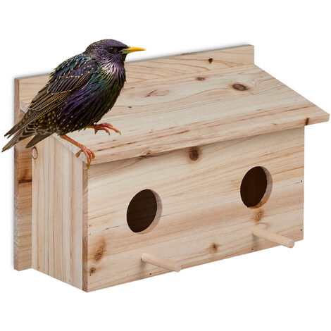 Relaxdays Nesting Box for Starlings, Fir Wood, 2 Entrances Ø5 cm, Perch, Bird House to Hang, HWD: 22x35x18cm, Natural