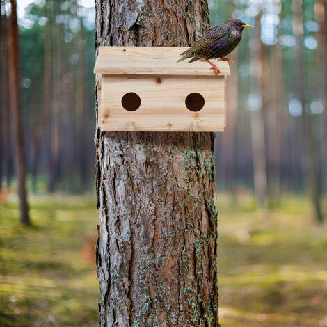 Relaxdays Nesting Box for Starlings, Fir Wood, 2 Entrances Ø5 cm, Perch, Bird House to Hang, HWD: 22x35x18cm, Natural