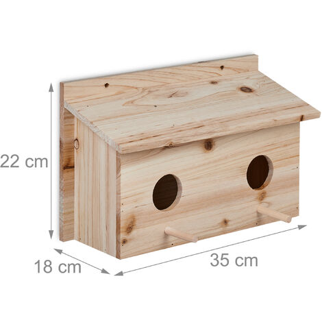 Relaxdays Nesting Box for Starlings, Fir Wood, 2 Entrances Ø5 cm, Perch, Bird House to Hang, HWD: 22x35x18cm, Natural