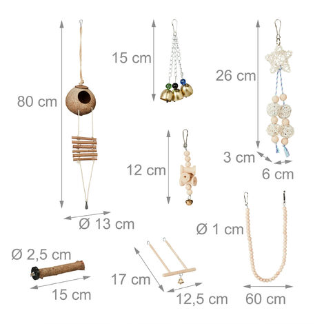 Image showcasing Relaxdays Bird Toy, 7-Piece Set, Cage Accessories, Sitting Perch, Hang ...