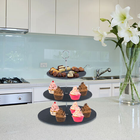 Relaxdays Slate Plates, Set Of 6, Round Serving Platters, 25 Cm Diameter, Cheese Board, Snacks, Sushi & Desserts, Black