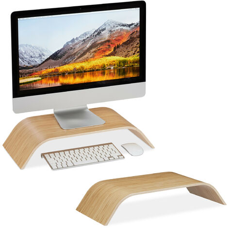 2 x Relaxdays Bamboo Display Stand, Curved Desk Display Riser, Ergonomic, HWD 10x52.5x24 cm, Natural