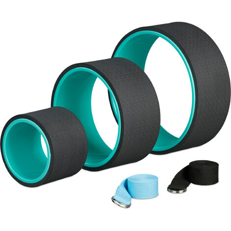 Relaxdays Yoga Wheel, Set of 3, Ø: 33, 26,5, 17 cm, with 2 Straps, Rings for Stretching, Sport, Plastic, Turquoise/Black