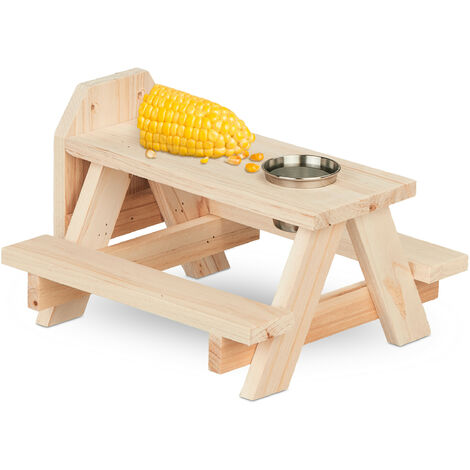 Relaxdays Squirrel Feeder, Wooden, Picnic Table & Corncob Holder, Water Trough, Hanging, HWD: 15 x 23 x 21 cm, Natural (1/5)