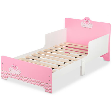 Relaxdays Children's Bed, Toddler Cot, with fall-out protection, HxWxD 60 x 77 x 143 cm, Slatted Frame, Swan, White/Pink