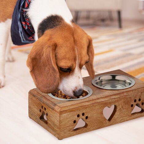 Relaxdays Dog Feeding Station Double Bowls Stainless Steel And Wood   119156076 2 