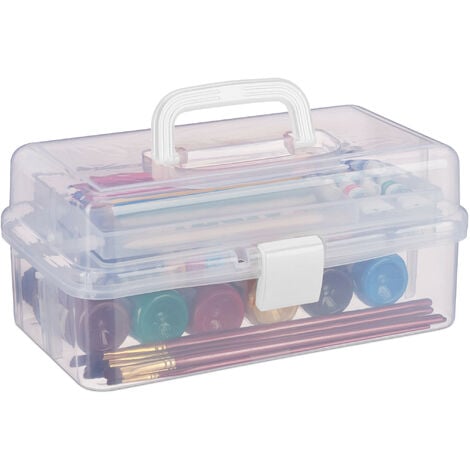 Relaxdays Storage Box with 9 Compartments, Sorting for Craft & Art Supplies,  Sewing Kit, 14.5 x 33 x 19 cm, Clear/White