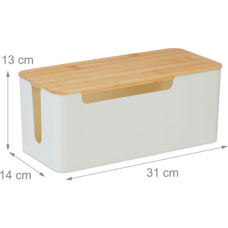 Relaxdays Cable Box, for 2 Socket Wires, Bamboo Lid, Plastic, HxWxD: 13 x 31 x 14 cm, Hide & Manage Wire, White/Natural