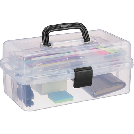 Relaxdays Storage Box with 9 Compartments, Sorting for Craft & Art Supplies,  Sewing Kit, 14.5 x 33 x 19 cm, Clear/Black