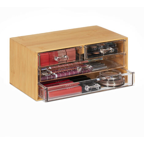 Relaxdays Make-up Organiser, 4 Drawers, Storage B-x, Bamboo & Plastic ...