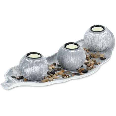 Relaxdays Tealight Holder Set with Tray & Pebbles, 39.5 cm, Table  Centrepiece, Dining Room, Candle Glasses, Grey