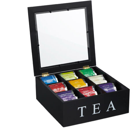 Relaxdays Tea Organiser, 9 compartments, Storage Box, Bamboo, Transparent Window, HxWxD: 9 x 23.5 x 23.5 cm, Black/White