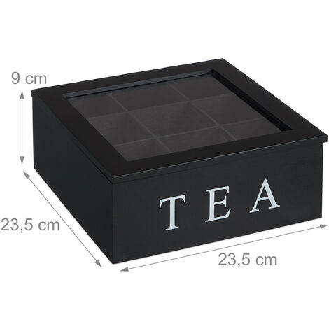 Relaxdays Tea Organiser, 9 compartments, Storage Box, Bamboo, Transparent Window, HxWxD: 9 x 23.5 x 23.5 cm, Black/White