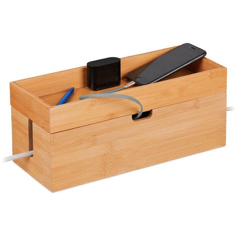 Relaxdays Cable Box for 2 Socket Strips, Bamboo, Wire Storage with Shelf, 14 x 34 x 14 cm, Conceal Power Cords, Natural