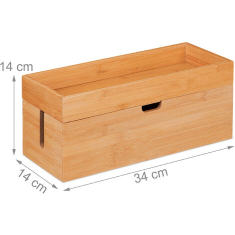 Relaxdays Cable Box for 2 Socket Strips, Bamboo, Wire Storage with Shelf, 14 x 34 x 14 cm, Conceal Power Cords, Natural