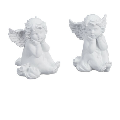 Relaxdays Grave Angel, Set of 2, Weatherproof, Frost-proof, HxWxD: 10 x 7 x 9 cm, Decoration, Guardian, Polyresin, White