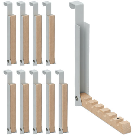 Relaxdays Folding Hook, 10x Set, Hang on Doors, Holds up to 6 Coat Hangers, Metal & Wood, for 2 cm Door Thickness, Grey
