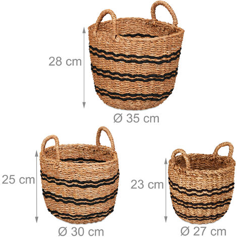 Relaxdays Storage Basket, Set of 3, in 3 Sizes, Bathroom & Nursery Storage Boxes, with Handles, Seagrass, Natural/Black