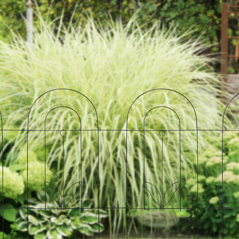 Relaxdays Metal Garden Fence, Set of 5 Elements with Decorations, HxW: 80 x 244.5 cm, Flower Bed Edge to Plug-in, Black