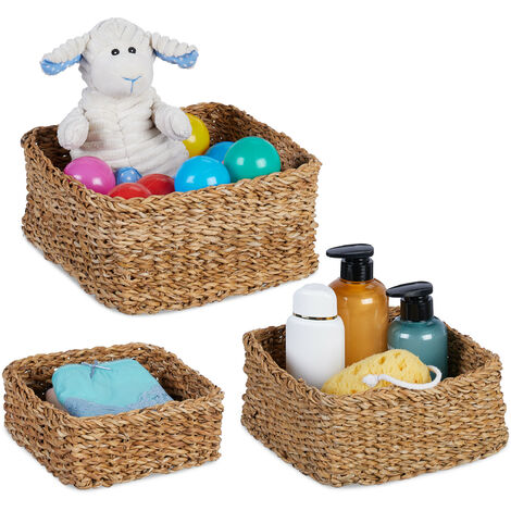 Relaxdays Storage Basket, Set of 3, Seagrass, 3 Sizes, Woven, Bathroom, Decoration, Square Utensil Organisers, Natural