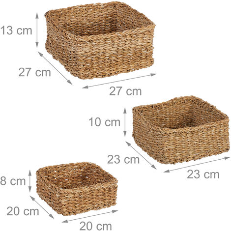 Relaxdays Storage Basket, Set of 3, Seagrass, 3 Sizes, Woven, Bathroom, Decoration, Square Utensil Organisers, Natural