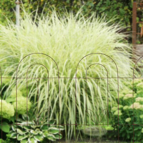 Relaxdays Metal Garden Fence, Set of 5 Elements with Decorations, HxW: 80 x 244.5 cm, Flower Bed Edge to Plug-in, Brown