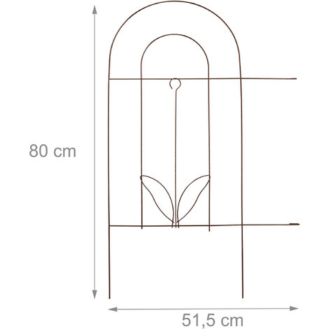 Relaxdays Metal Garden Fence, Set of 5 Elements with Decorations, HxW: 80 x 244.5 cm, Flower Bed Edge to Plug-in, Brown