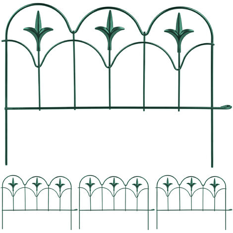 Relaxdays Set of 4 Garden Fence, Elements with Decorations, HxW: 28 x 38.5 cm, Flower Bed Edge to Plug-in, Metal Green