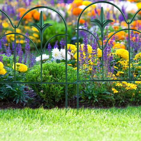 Relaxdays Set of 4 Garden Fence, Elements with Decorations, HxW: 28 x 38.5 cm, Flower Bed Edge to Plug-in, Metal Green
