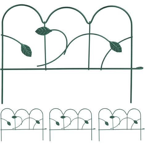 Relaxdays Set of 4 Garden Fence, Elements with Decorations, HxW: 28 x 38.5 cm, Flower Bed Edge to Plug-in, Metal, Green