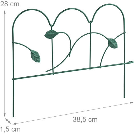 Relaxdays Set of 4 Garden Fence, Elements with Decorations, HxW: 28 x 38.5 cm, Flower Bed Edge to Plug-in, Metal, Green