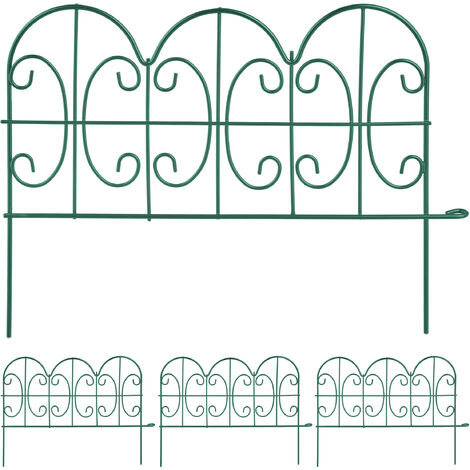 Relaxdays Metal Garden Fence, Set of 4 Elements with Decorations, HxW: 28 x 38.5 cm, Flower Bed Edge to Plug-in, Green