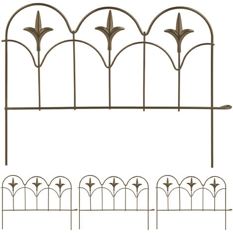 Relaxdays Set of 4 Garden Fence, Elements with Decorations, HxW: 28 x 38.5 cm, Flower Bed Edge to Plug-in, Metal, Bronze