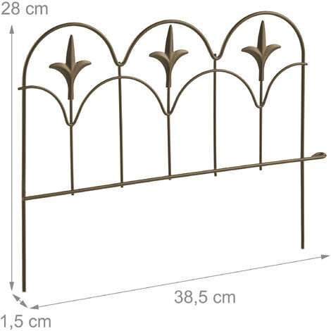 Relaxdays Set of 4 Garden Fence, Elements with Decorations, HxW: 28 x 38.5 cm, Flower Bed Edge to Plug-in, Metal, Bronze