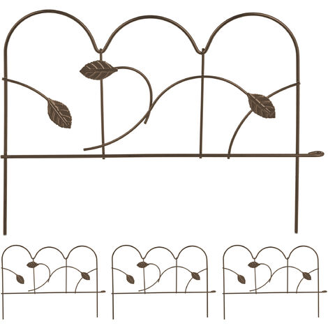 Relaxdays Set of 4 Garden Fence, Elements with Decorations, HxW: 28 x 38.5 cm, Flower Bed Edge to Plug-in, Metal, Bronze