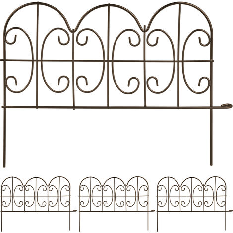 Relaxdays Metal Garden Fence, Set of 4 Elements with Decorations, HxW: 28 x 38.5 cm, Flower Bed Edge to Plug-in, Bronze