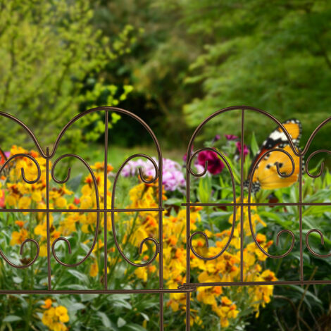 Relaxdays Metal Garden Fence, Set of 4 Elements with Decorations, HxW: 28 x 38.5 cm, Flower Bed Edge to Plug-in, Bronze