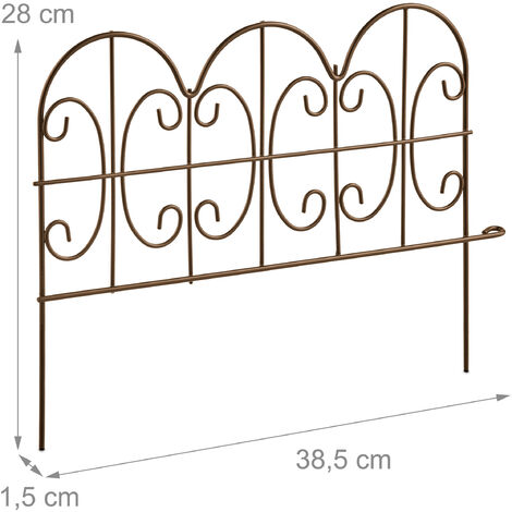 Relaxdays Metal Garden Fence, Set of 4 Elements with Decorations, HxW: 28 x 38.5 cm, Flower Bed Edge to Plug-in, Bronze