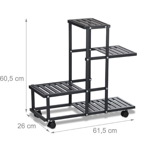 Relaxdays Flower Stand on Wheels, HxWxD: 60.5 x 61.5 x 26 cm, Metal, 4 Tiered Shelves, Indoor Plant Pot Display, Black