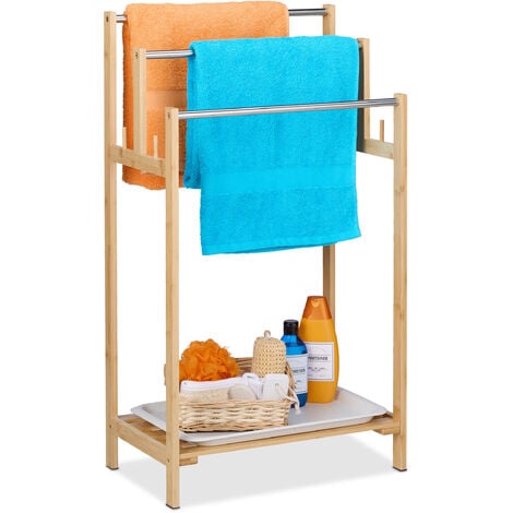 Relaxdays Towel Rail, 3 Bars & Shelf, Bamboo & Metal, HxWxD: 90 x 51 x ...